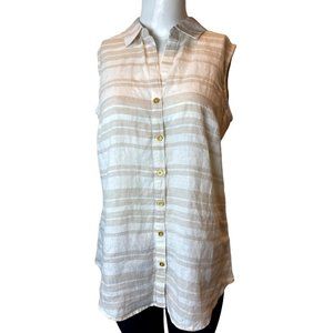 Ellen Tracy Womens 100% Linen Button-Up Shirt Top Sleeveless Tan White SZ Small